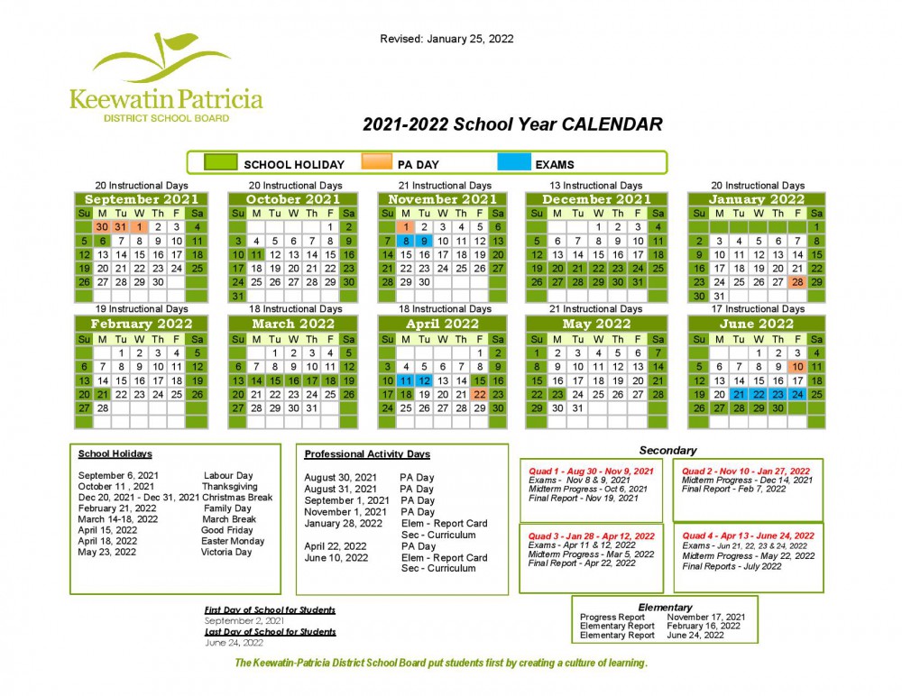 School Year Calendar Keewatin Patricia District School Board